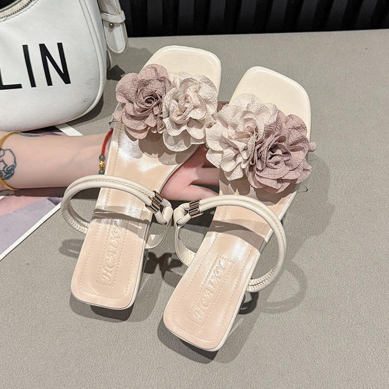 Шлепанцы на толстом каблуке, женская летняя обувь, шлепанцы с цветком камелии, прохладные шлепанцы с юбкой-сандалиями