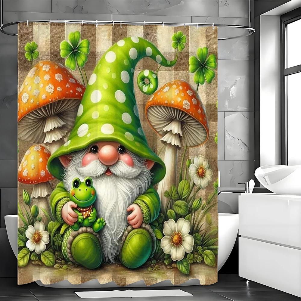 Charming Gnome and Frog Shower Curtain for a Whimsical Bathroom, Featuring an Adorable Gnome in a Green Hat Holding