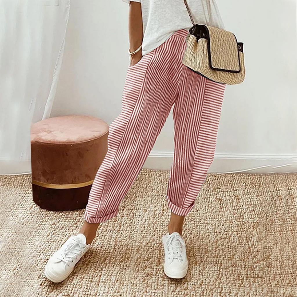 Women Casual Stripe Print Up Trendy Pants Baggy Elastic Waist Straight Leg Comfort Trousers With Pocket