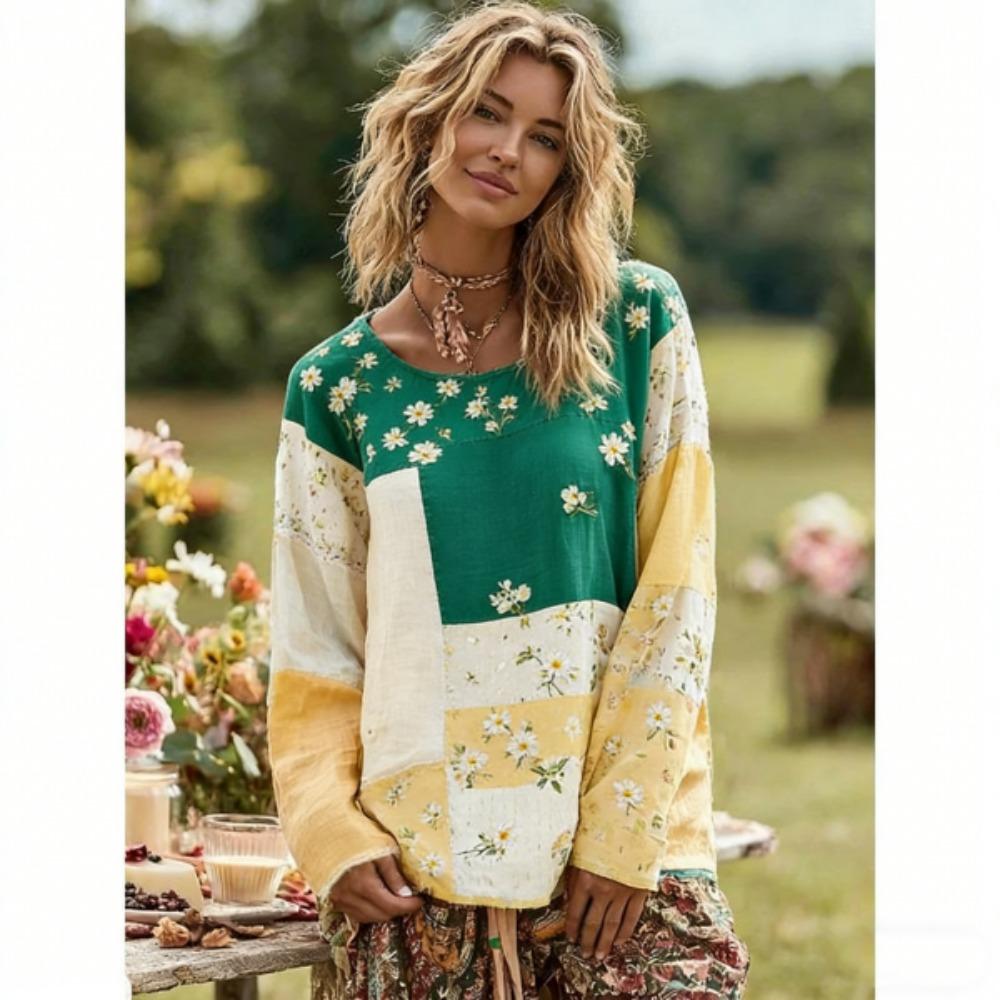 Модная женская футболка в богемном стиле, с цветными вставками, пуловер, одежда для Европы и Америки, женская, с длинным рукавом, для активного отдыха, повседневные футболки, топ