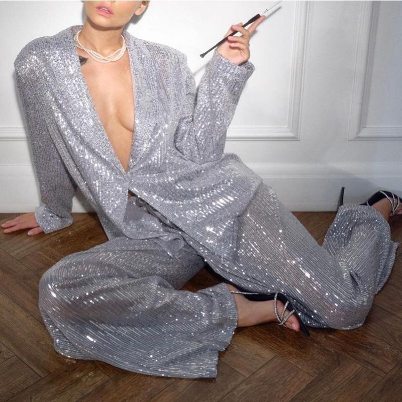 Элегантный пиджак с пайетками и брюками, комплект из 2 предметов, женское блестящее пальто с длинным рукавом и лацканами на одной пуговице, широкие брюки, новый подходящий костюм