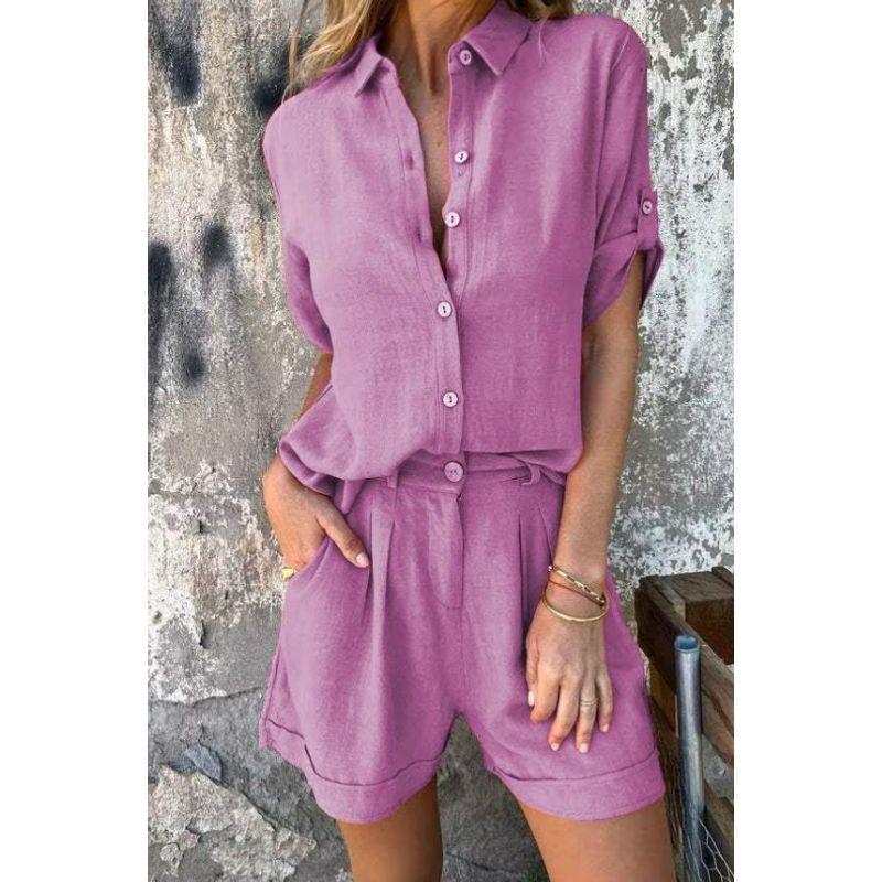 Collar Shirt Solid Color Shorts Set Lapel Shirt Pure Color Casual Shorts Suit
