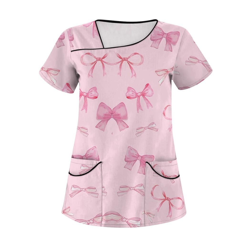 Женская мода с бантом и принтом, короткий рукав, рабочая одежда с двойными карманами