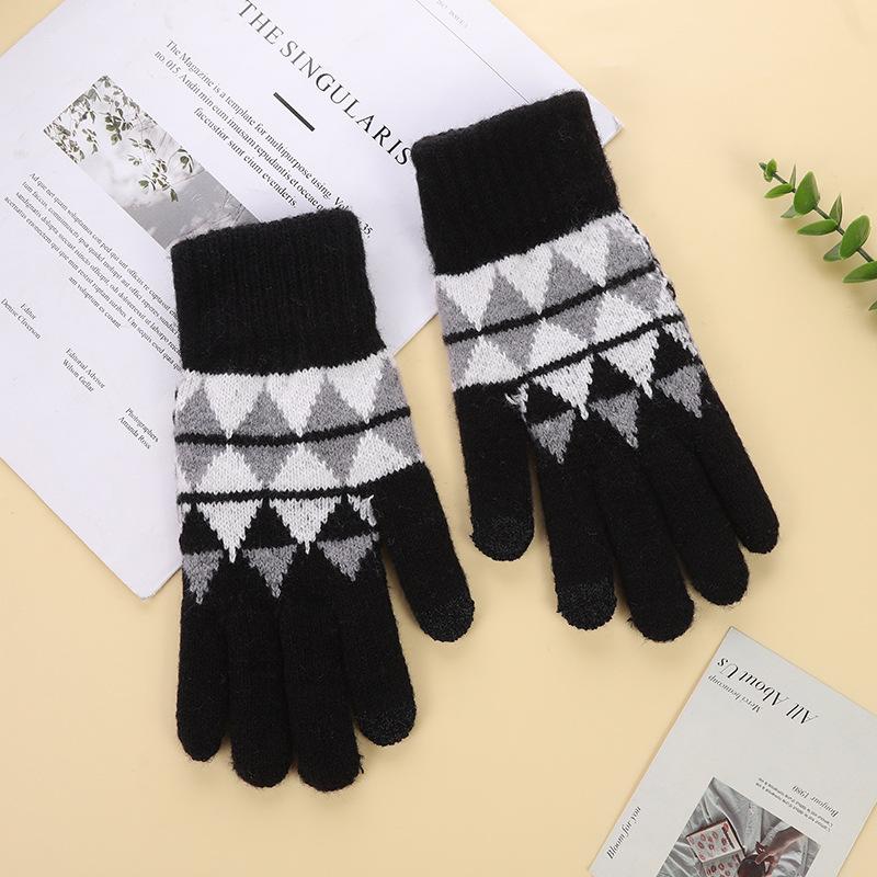 Японские контрастные цветные ромбовидные перчатки с двумя пальцами для сенсорного экрана, вязаные для мужчин и женщин, осень-зима, плюс бархат