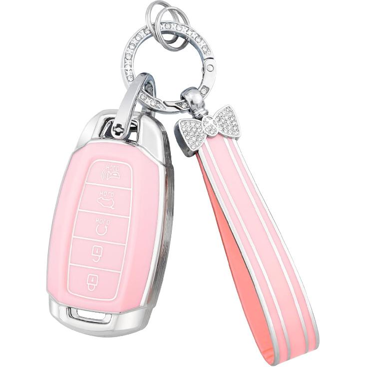PIFOOG For Hyundai Elantra Key Fob Cover Palisade 5 Buttons Car Keys Case Shell Protector Full Covers Pink Bling Keychain Accessories Girly Women