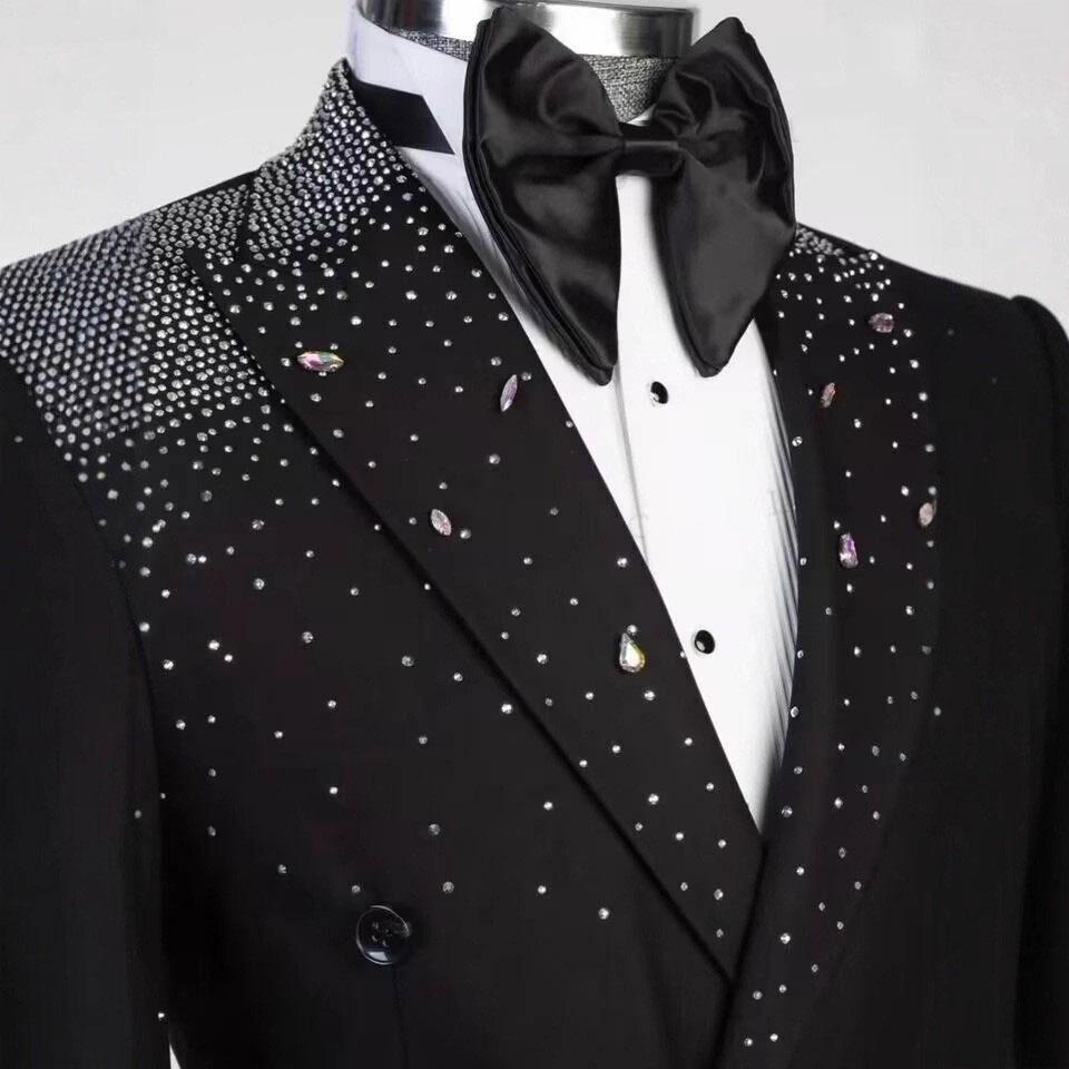 Модный свадебный мужской костюм 2 предмета пиджак брюки однобортный бусины кристалл приталенный жених формальные мероприятия