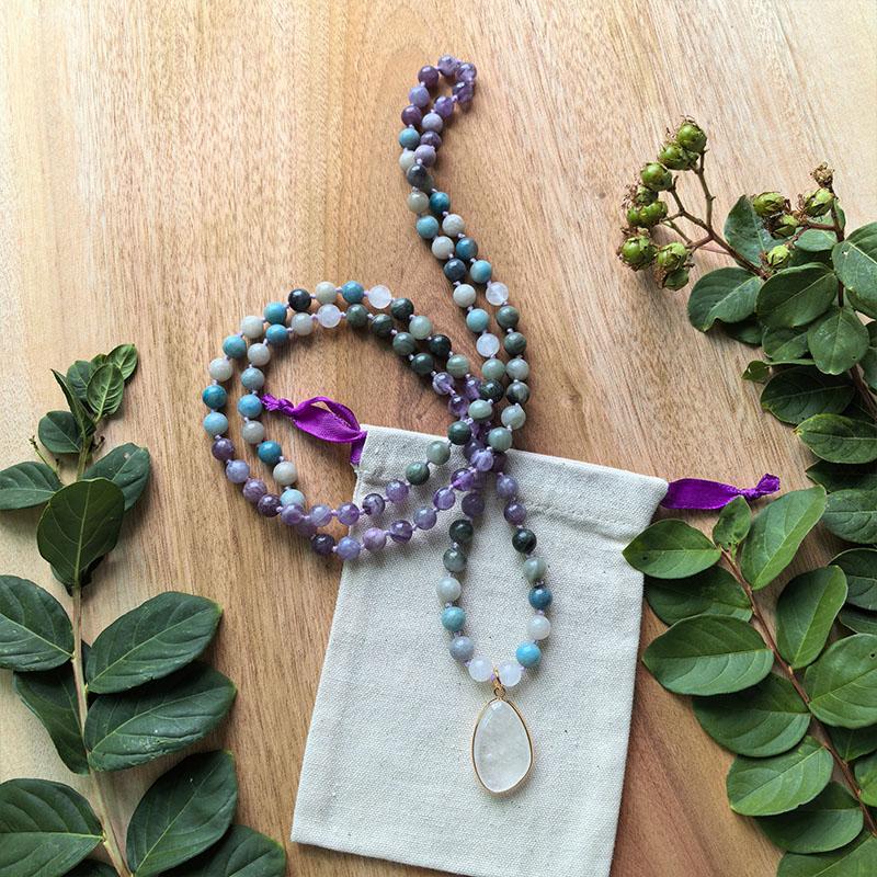 Hydroxy,Apatite,Lepidolite,Dream Amethyst Mala,White Crystal Pendant,108 Knotted Beads Meditation Necklace,Healing Crystals Gift