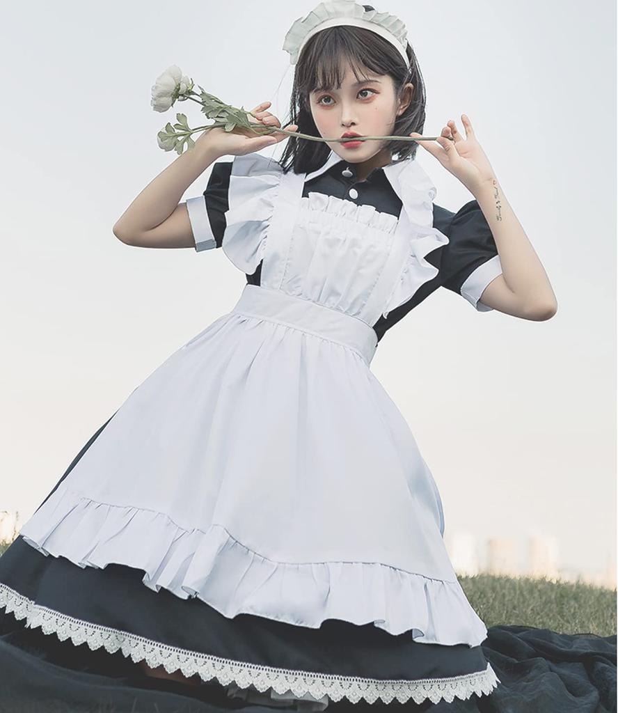 Леди Ленивая Лолита Горничная Косплей Короткий рукав Цельный фартук с рукавами-фонариками Юбка Лоли Оборка Костюм Фотография Милая Лоли Принцесса Аниме Кроссдрессинг