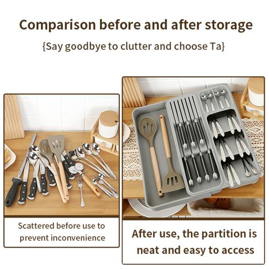 Ящик для хранения столовых приборов. Классификационная организация. Расширяемая большая емкость с несколькими отделениями. Лоток для посуды. Лоток для вилки. Палочки для еды. Ящик для ложки.