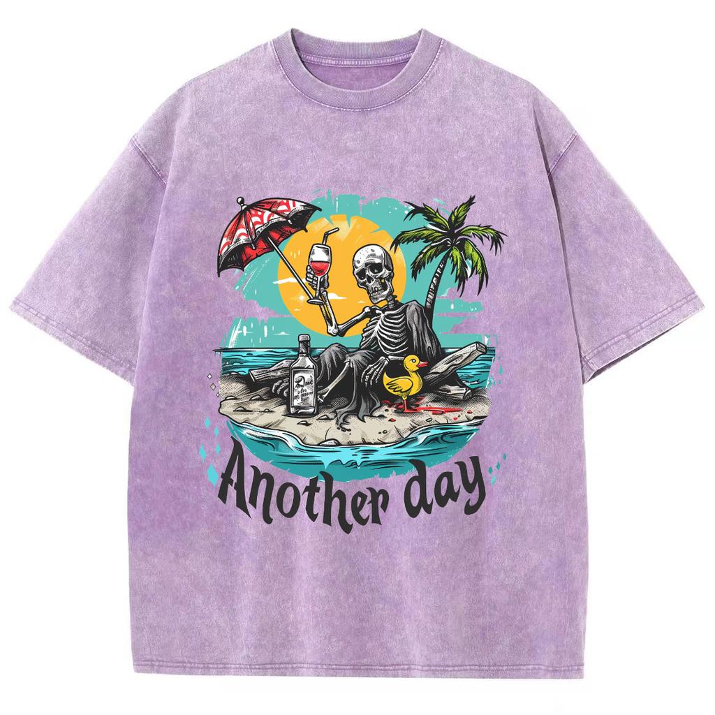 Beach Coconut Tree Skull Print Women's T-Shirt Oversized Loose Wash Cotton Short Sleeve Casual Fashion Street