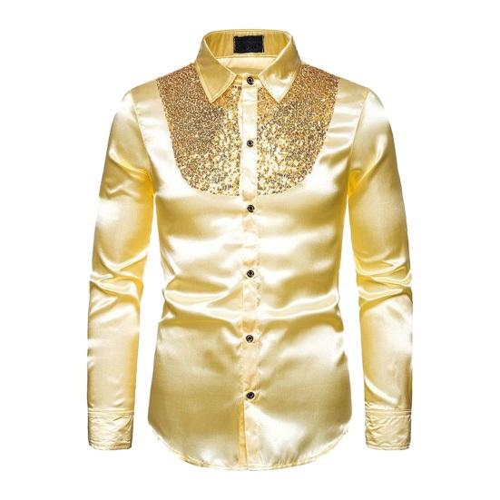 Мужская классическая рубашка с блестками, блестящая металлическая свадебная рубашка, рубашка на пуговицах с длинными рукавами и лацканами, однотонная приталенная рубашка, топы