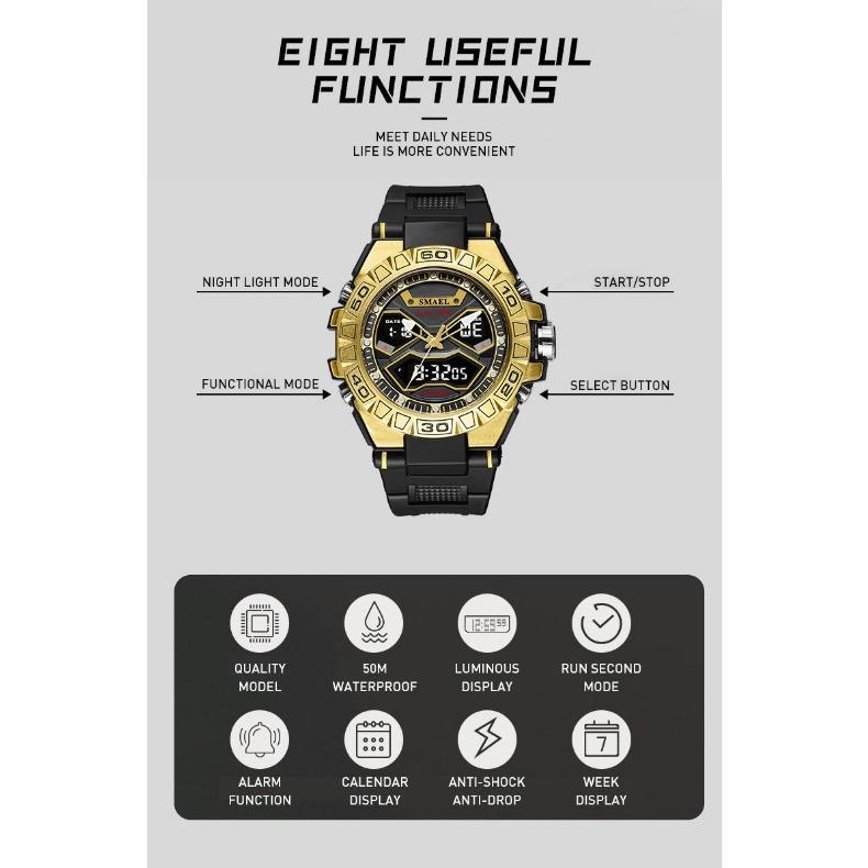 SMAEL Trend Индивидуальные функциональные часы Мужской студенческий сплав Двойной дисплей Водонепроницаемые светящиеся кварцевые часы