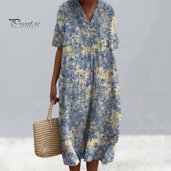 Женское платье с цветочным принтом, платье с коротким рукавом и v-образным вырезом, летнее повседневное платье трапециевидной формы, пуловеры в богемном стиле, платье для вечеринки, повседневная одежда, отпуск