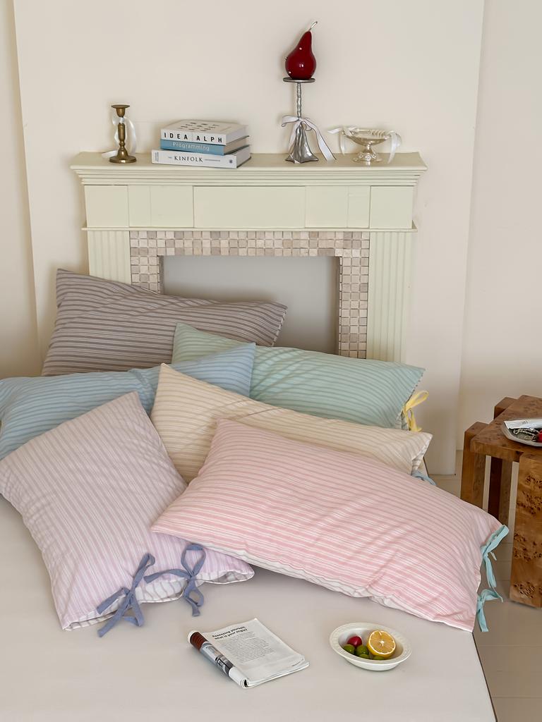 2 шт., Пара наволочек из 100% хлопка с бантом, Стандартный размер A, Светло-бежевый, Комфорт, приятный к коже, В полоску с бантом для декора, Подходит для гостиной