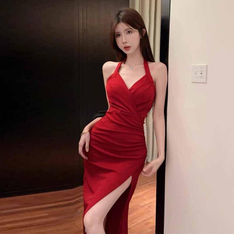 Новое женское платье French Temperament с V-образным вырезом и открытой спиной