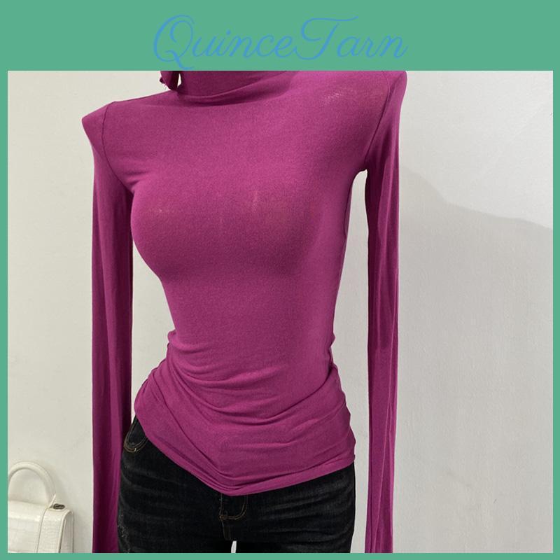 Sleeve Thin Soft American Long Tshirt High Stacked Neck Tight Perspective Bottom Shirt Womens Slim Fit Tops Sexy Streetwear