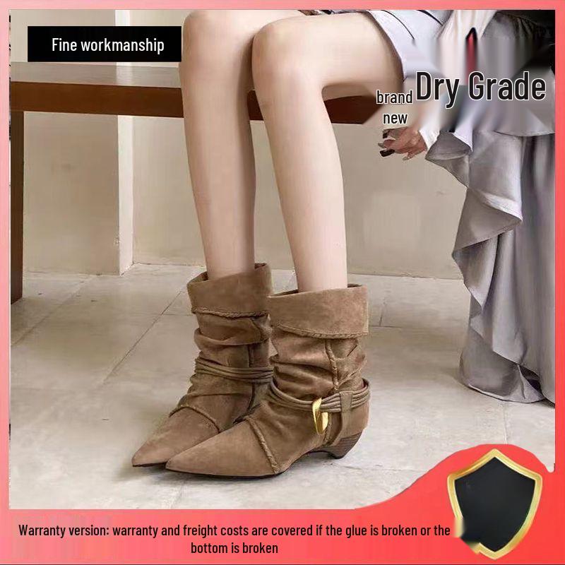 Женские замшевые ботильоны на низком каблуке в стиле ретро 2025: Остроносый, Сборчатый, С завязками, Многосторонний Модный