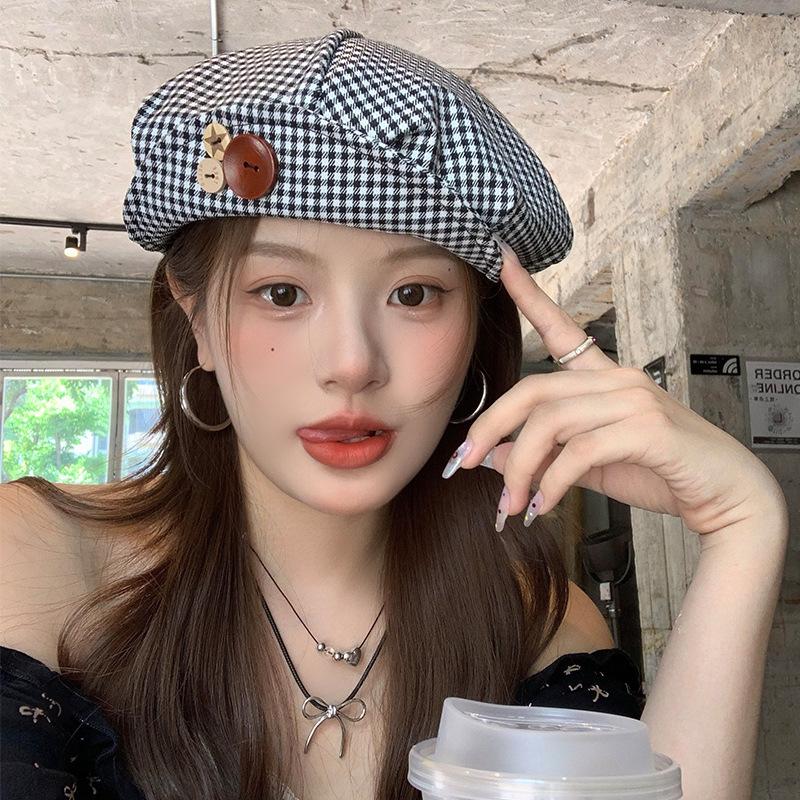 Осень новая нишевая клетчатая беретка с пуговицей женское лицо маленькая облачная шляпа художника модная с высоким чувством