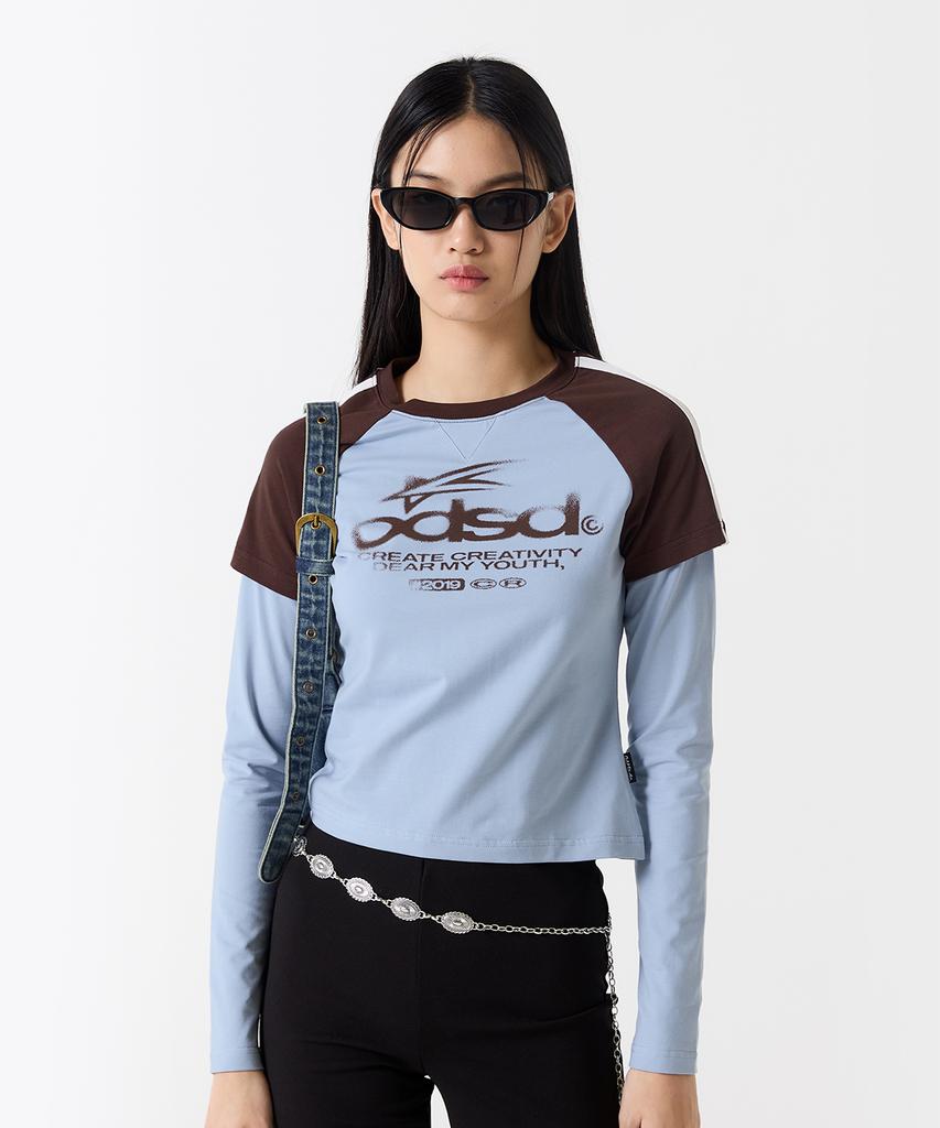 ODDSTUDIO Odsd Raglan Track Semi-Crop T-Shirt - Sky Blue / Brown