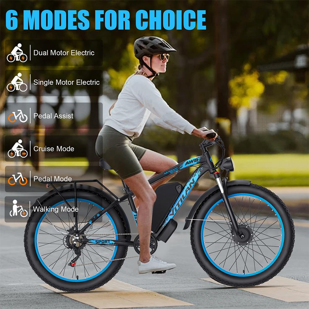 Electric Bicycle Adult Vitilan H5 1000Wx2 Motor LCD Display 52V 25AH Shimano 7 Speed All Terrain Ebike Max Load 150Kg Blue