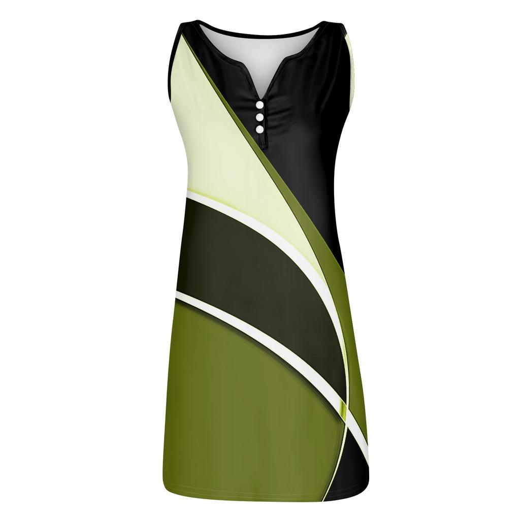 Женское повседневное платье с геометрическим узором и пуговицами с принтом V-образным вырезом Активная мода на открытом воздухе Уличная без рукавов Свободный крой Лето