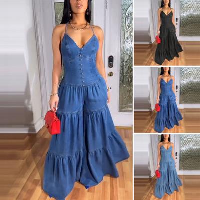 Женские повседневные свободные комбинезоны, цельные комбинезоны без рукавов, струящиеся брюки, летние сексуальные комбинезоны с бретелью через шею и открытой спиной, широкие штанины