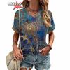 Женская футболка в стиле Харадзюку в стиле бохо, летние повседневные топы с графическим принтом и короткими рукавами, уличная модная футболка с v-образным вырезом, женская одежда