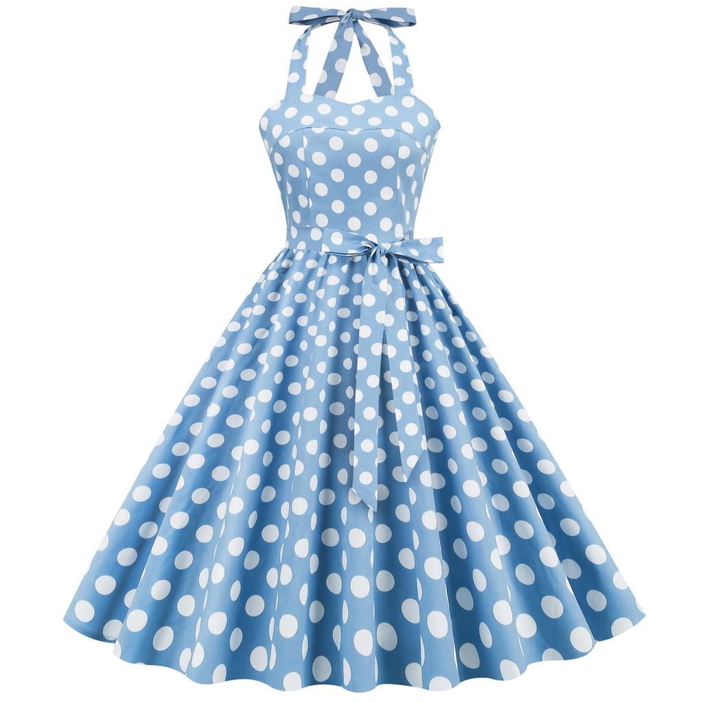 Retro polka-dot lace-up halter-neck flared ball gown performance dress, bohemian style
