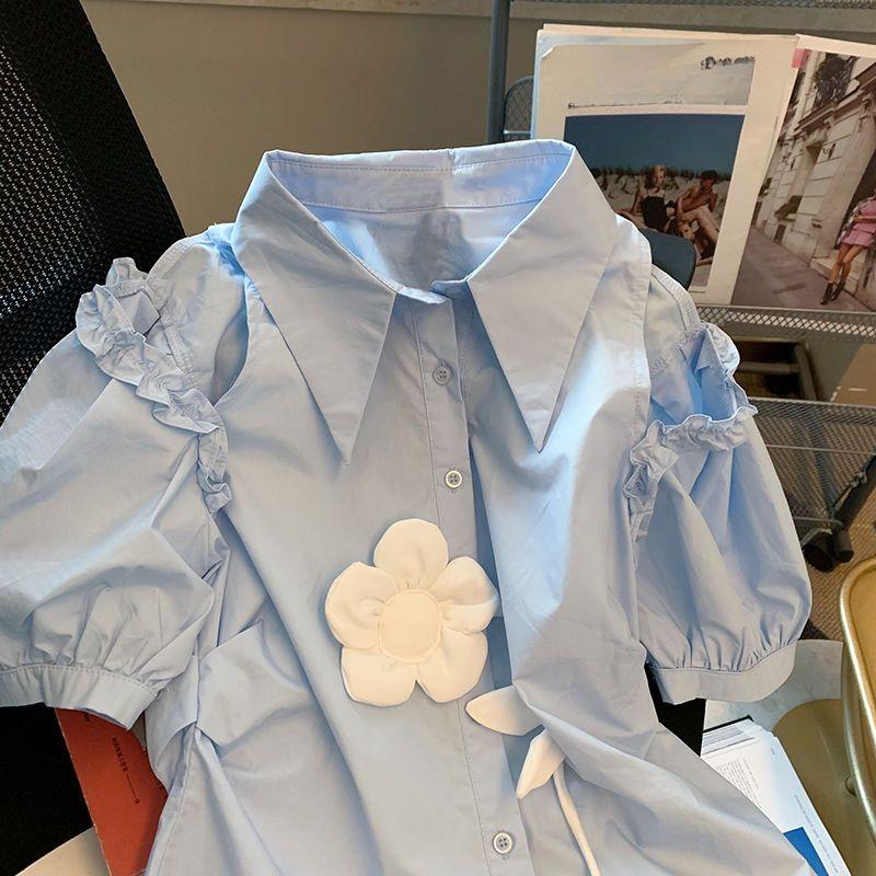 Синяя женская рубашка с открытыми плечами, однобортная, с трехмерным цветочным принтом, с короткими рукавами, стильный дизайн, женская одежда