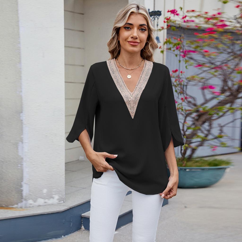 Весна и лето Новые однотонные женские топы из шифона с V-образным вырезом и рукавом средней длины