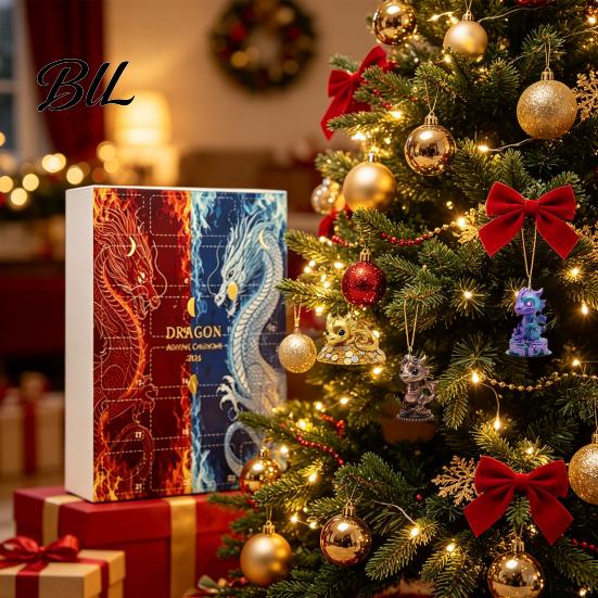 Collectible Dragon Figures Advent Calendar, 2D Christmas Countdown Box with Festive Gift Set Acrylic Pendants, Tree Hanging Decor, Holiday Fantasy