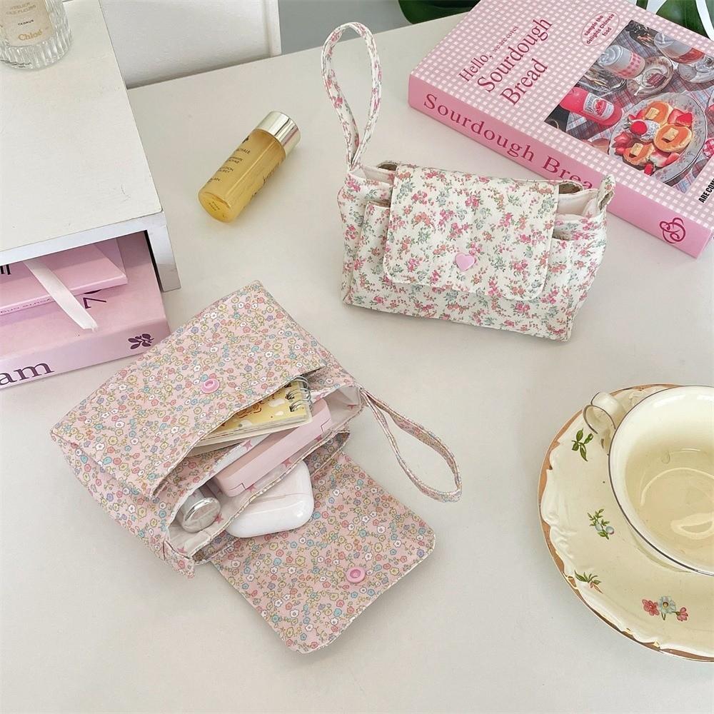 Portable Snap Button Cosmetic Bag Floral Soft Storage Bag Layered Vintage Organizer Pouch Gift