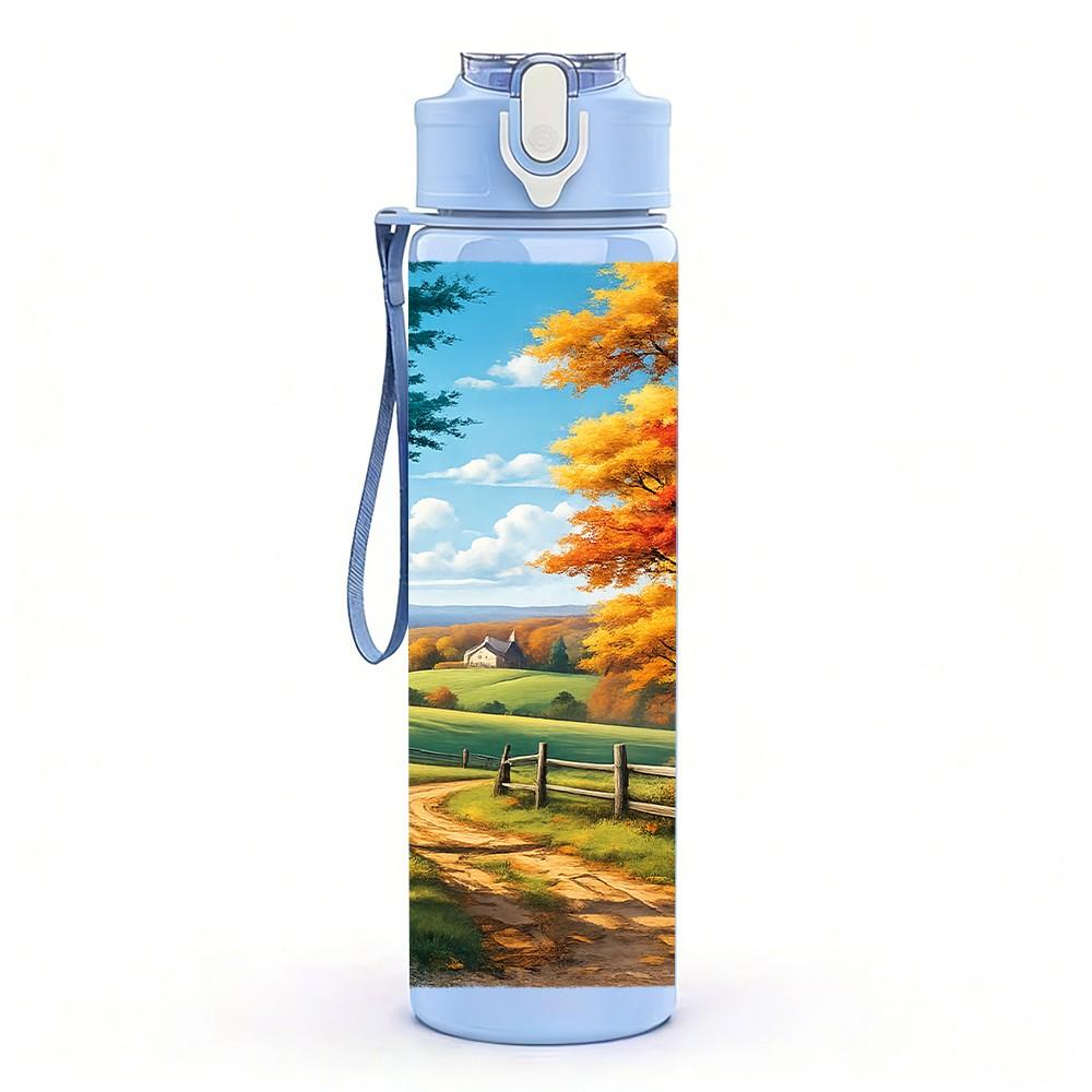 1PC Autumn Tree Country Road Landscape Print 750ml Color Plastic Sports Water Bottle Leakproof Flip Straw Lid Suitable for Sports Office Home Use