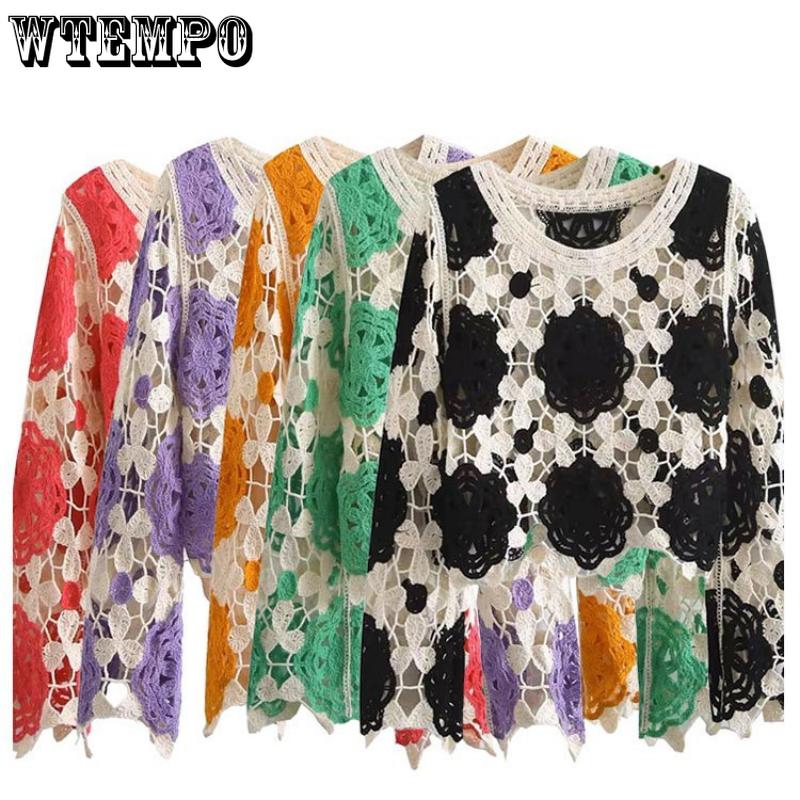 WTEMPO Осенние женские вязаные крючком кардиганы разноцветные винтажные вязаные свитера Y2k с длинным рукавом свободные пальто ажурные свитера