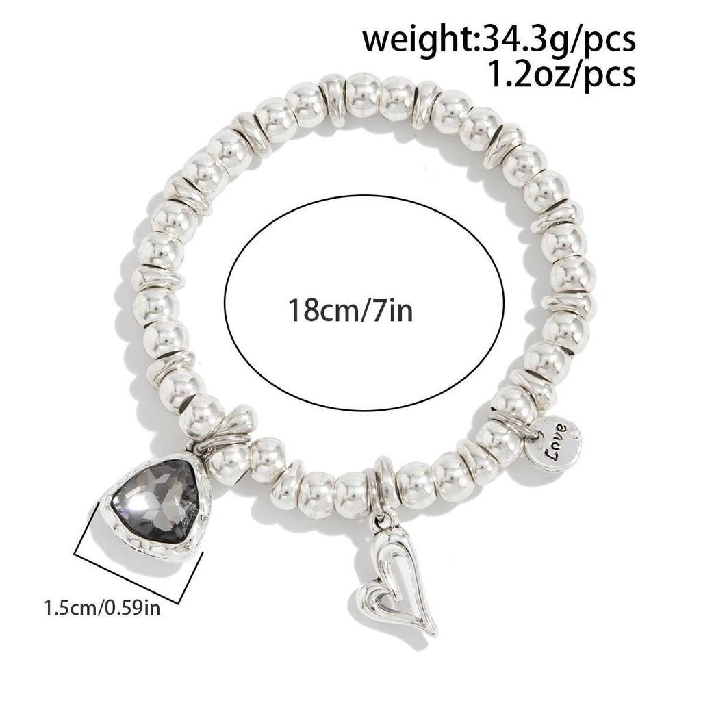 Salircon Trendy Elegant Shining Black Acrylic Hollowout Heart Pendant Bracelet Women New Silver Color Bead Chain Bangles Jewelry