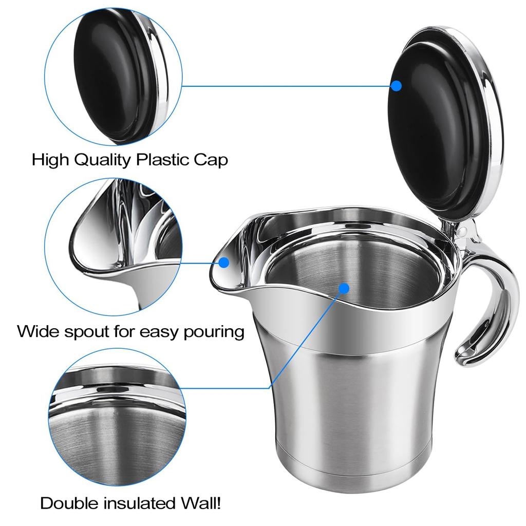 Соусница Leeseph, кувшин для соуса из нержавеющей стали 304 с двойной изоляцией и крышкой, кухонное хранилище для подливки, сливок, молока