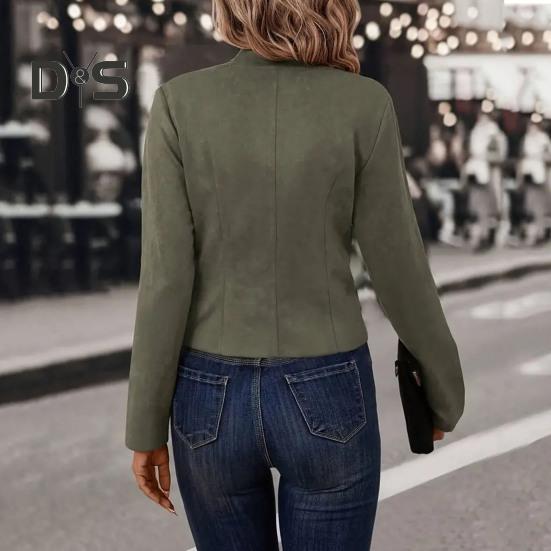 Женская куртка с воротником-стойкой, длинный рукав, двубортный короткий костюм, пальто, однотонная деловая верхняя одежда