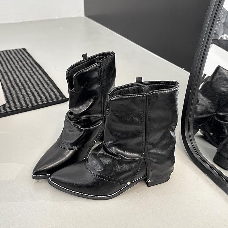 Осень Зима Женские Ботинки в Стиле Вестерн Винтажные Ботинки с Острым Носком Женские Ботинки на Толстом Каблуке Короткие Ботинки Женская Обувь