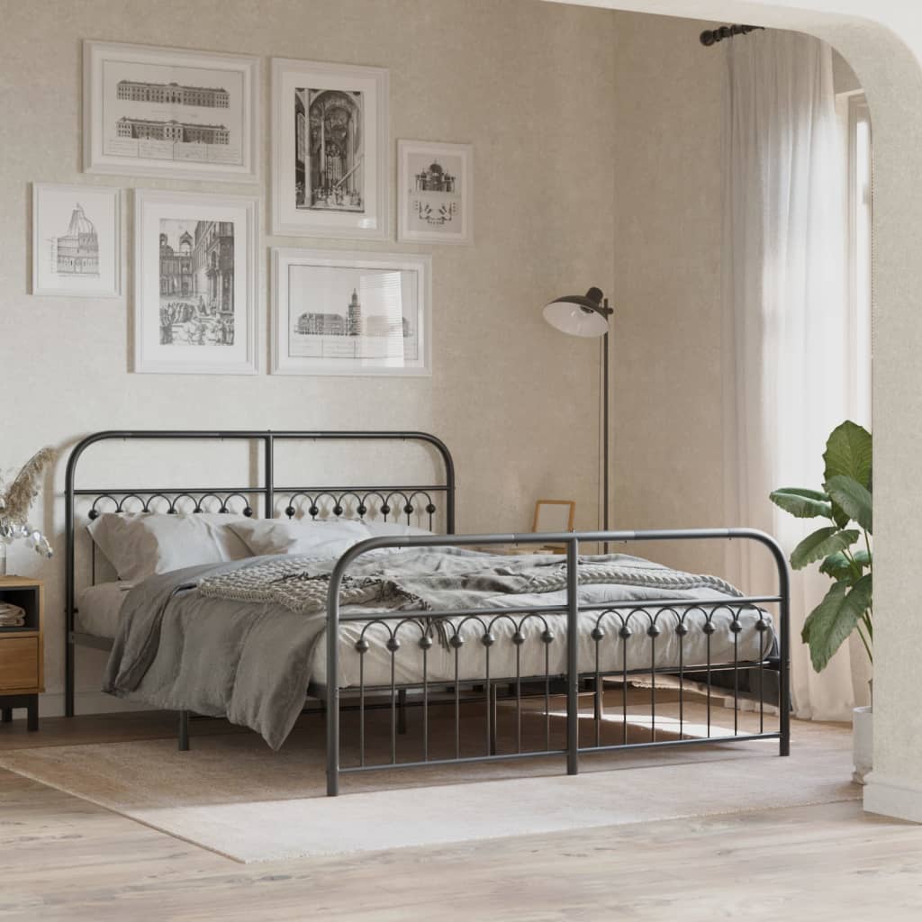 Metal Bed Frame with Headboard and Footboard Black 150x200 cm