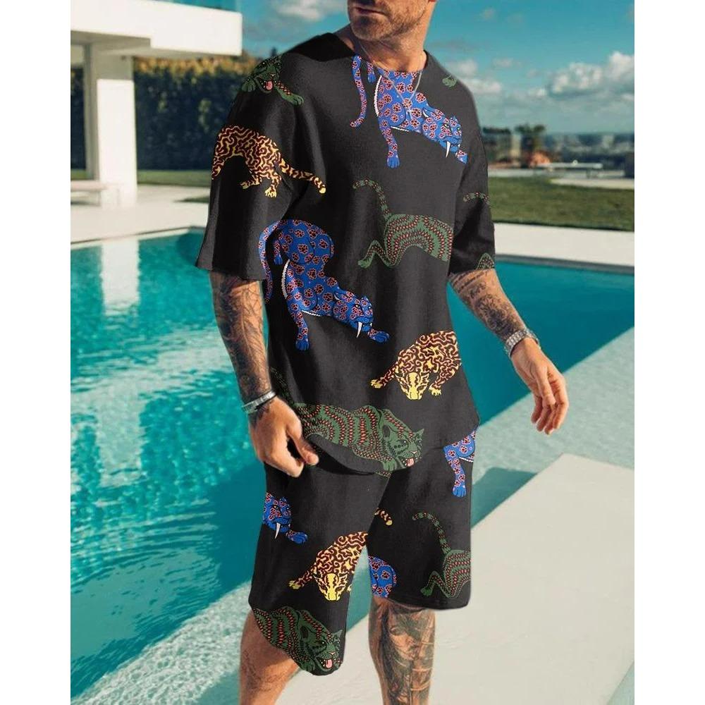 Летний комплект из 2 предметов с шортами с рисунком льва и свирепого зверя, повседневные уличные футболки и шорты, спортивный костюм с круглым вырезом и 3D-принтом