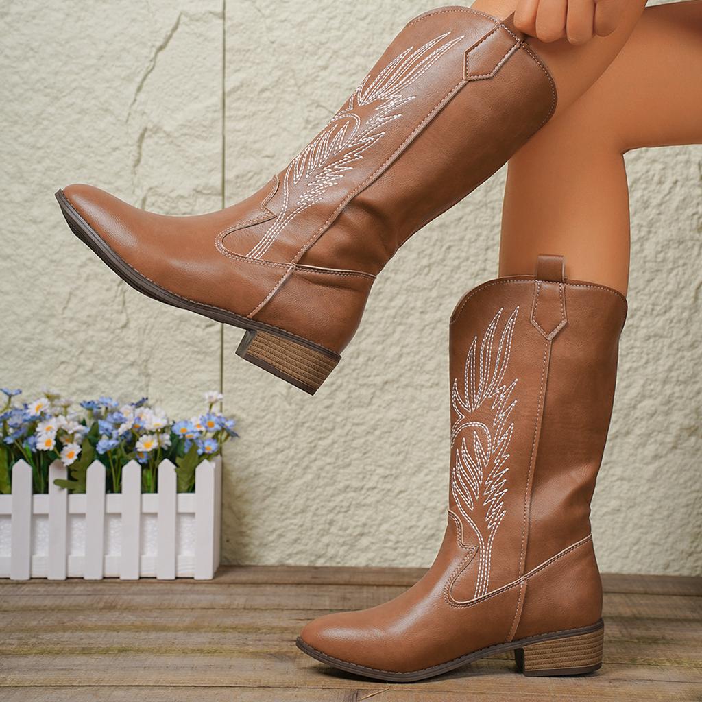 Женские ковбойские сапоги до середины голени с острым носком, без застежек, на толстом блочном каблуке с вышивкой, женские ковбойские сапоги в стиле вестерн, ботильоны с широким голенищем, надеваемые через голову