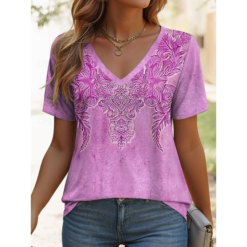 Ethnic Women's T-Shirt Vintage Graphic Fashion Short Sleeved V-Neck Regular Tops Daily Print Tee Summer Spring Casual Tops
