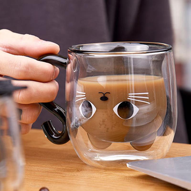 1 шт., креативная кружка в форме кошки, кофейная чашка с двойными стенками, 280 мл, стекло