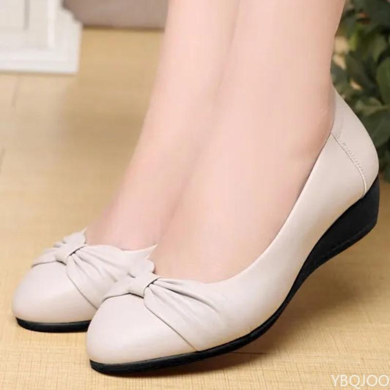Women Waterproof Bow Flats Low Heel Soft Sole Non Slip Comfortable Casual Leather Shoes