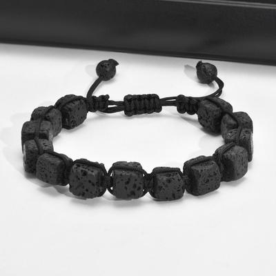 Мужской черный плетеный браслет с квадратным вулканическим камнем - регулируемый | BR-1364