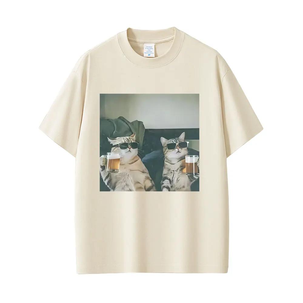 Cool Cat Drinking Beer Funny Emoji T-shirt Men's Casual Cotton Retro Short-sleeved T-shirt Men's Fashion Round Neck T-shirt Tops
