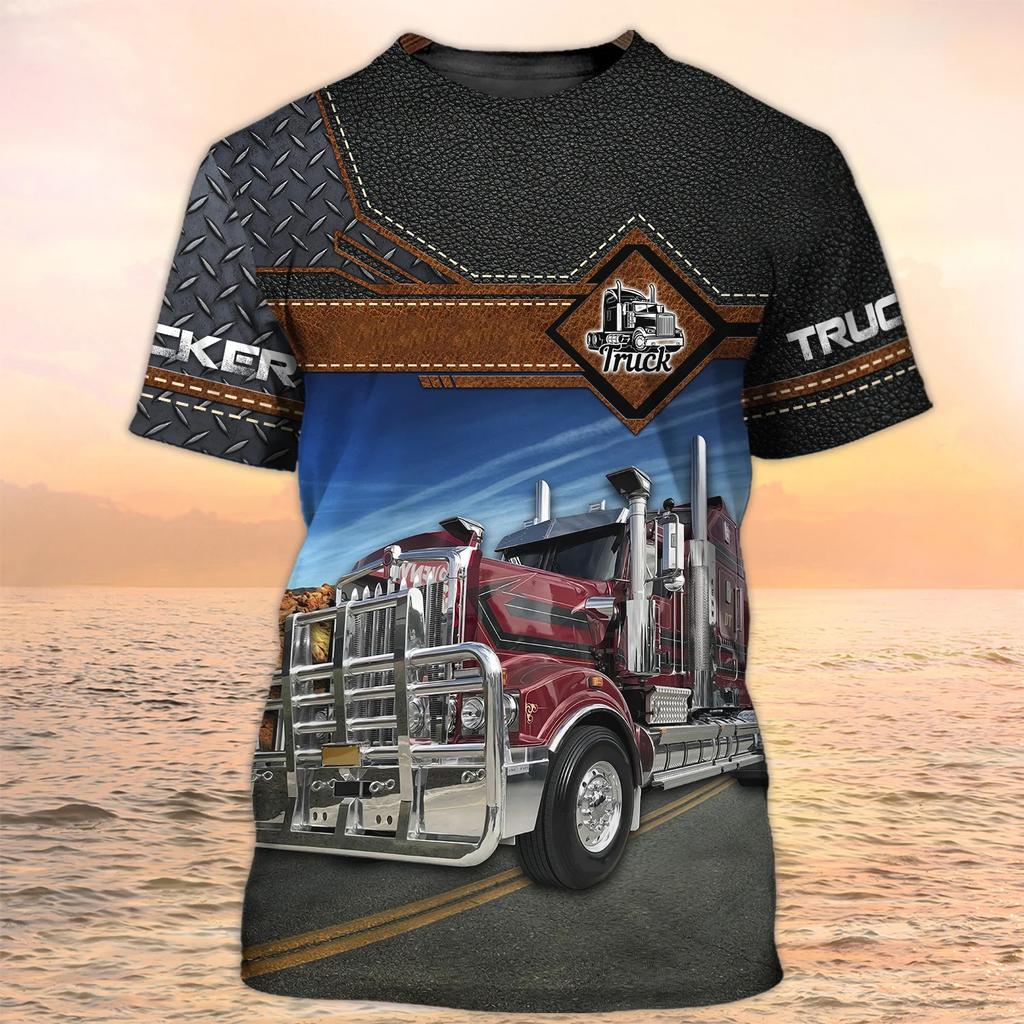 New Trucker Shirt Men's T-shirt 3D Truck Print Uniform Short Sleeve Tops 2024 Harajuku Clothing Summer O Neck Oversized Pullover
