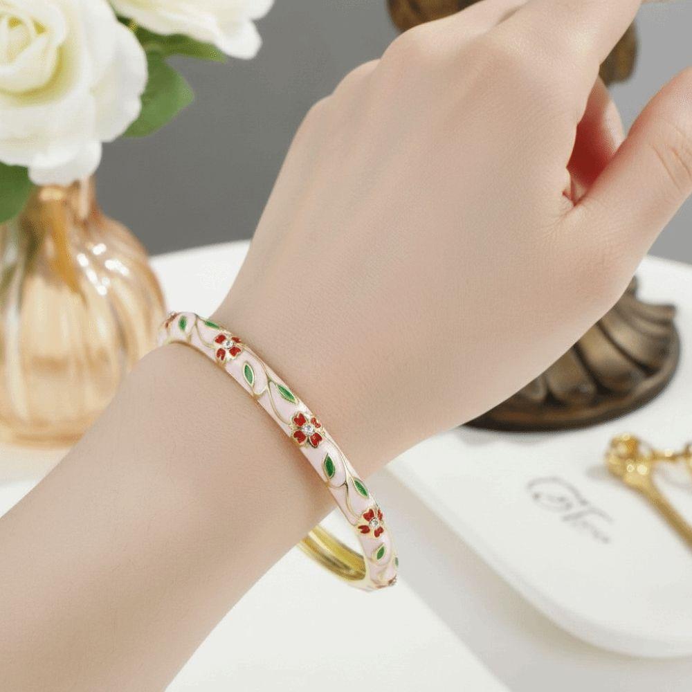 Metal Cloisonne Bracelet Retro Enamel Flower Bangle Closed End Enamel Bracelet Ethnic Style