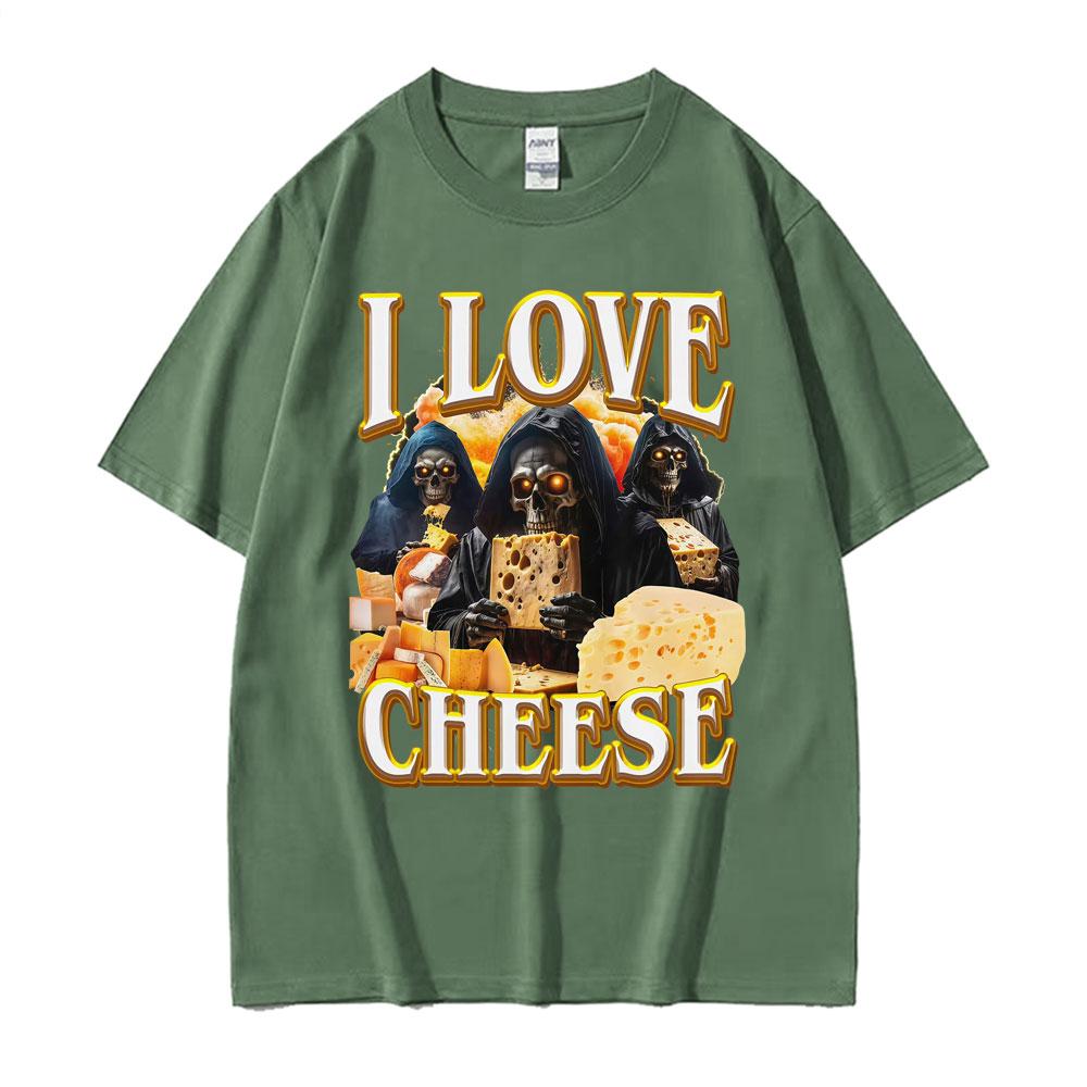 Vintage Skeleton I Love Cheese Meme T Shirts Funny Gothic Graphic Tshirts Unisexs Women Summer Crewneck Cotton Tshirt Streetwear