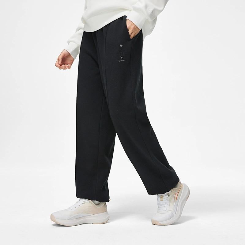 Штаны женские спортивные Li Ning Sports Lifestyle Series, однотонные, средней талии, с манжетами, из флиса, трикотажные, черные AKLT908-4